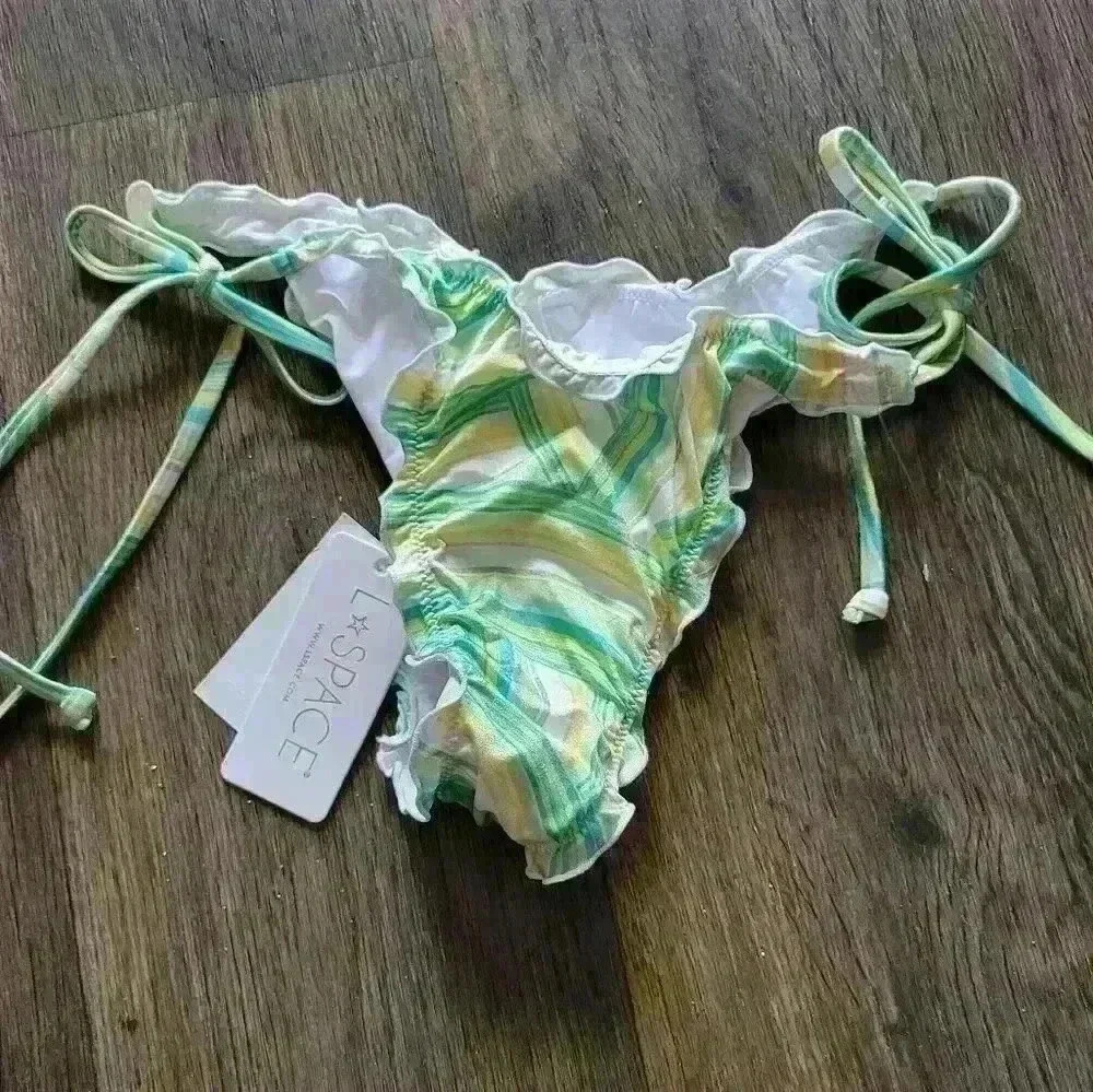 NWT L*Space Green Striped Cheeky Bikini Bottoms size Large